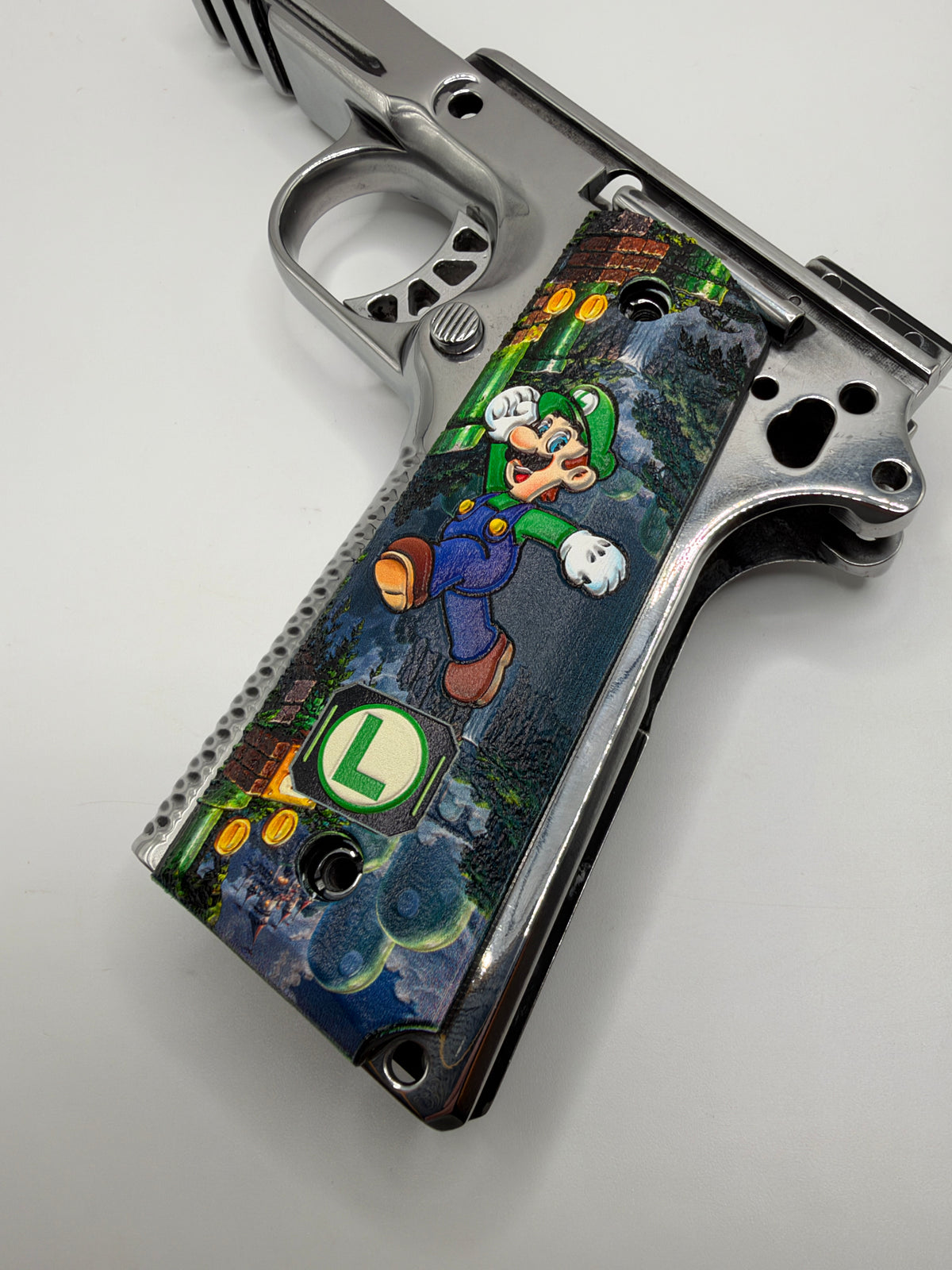 Luigi grip panel shown mounted for fit and appearance reference; frame not included