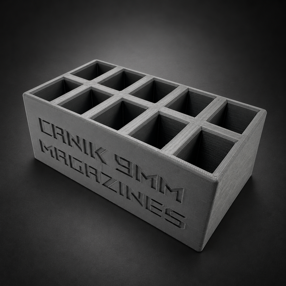 Canik 9mm Magazine Storage Box – 10 Slots on a charcoal background