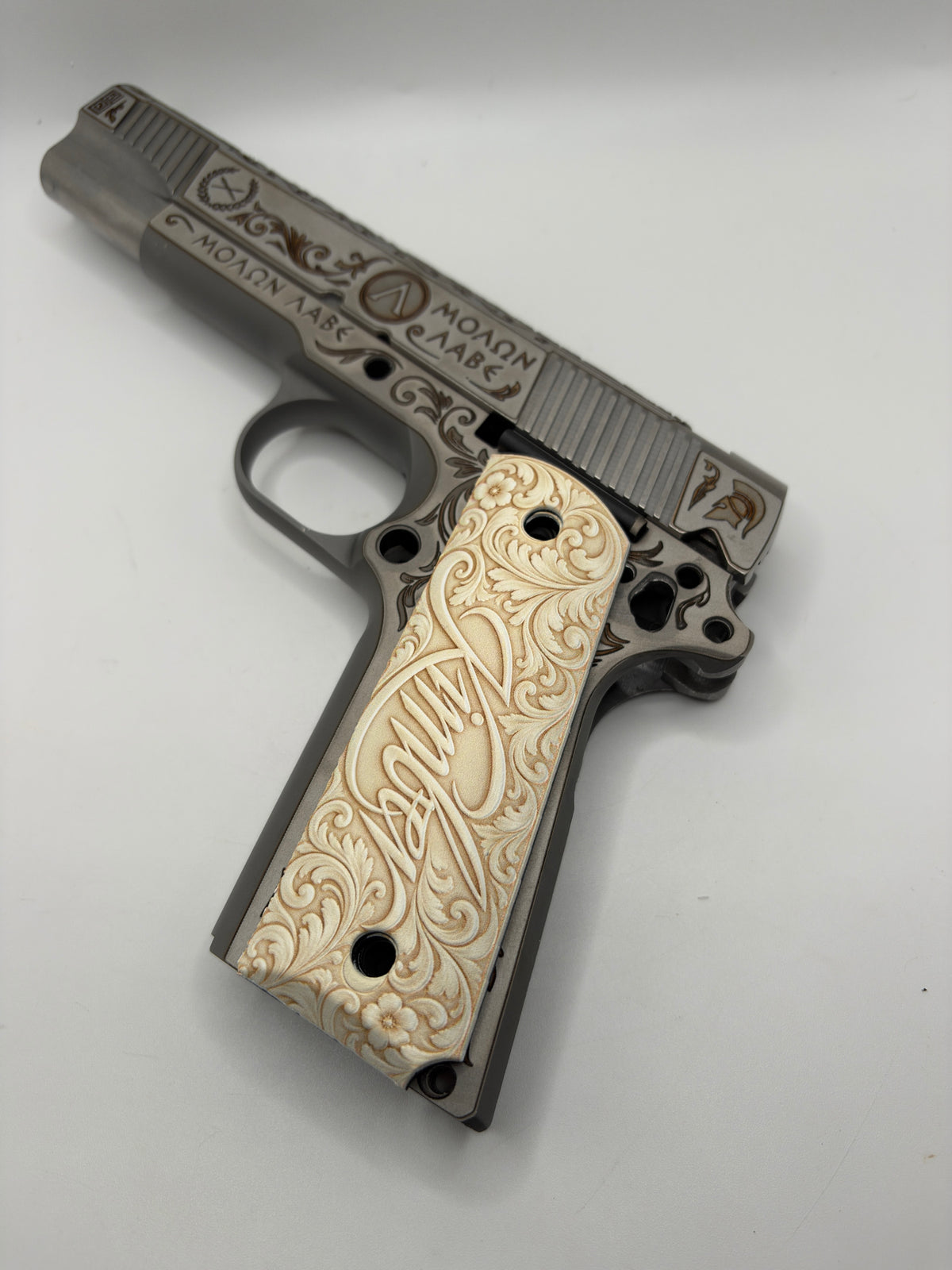 Kimber Logo Cream Floral Scrollwork 1911 Grips — Full Size Ambi-Cut Polymer Pair