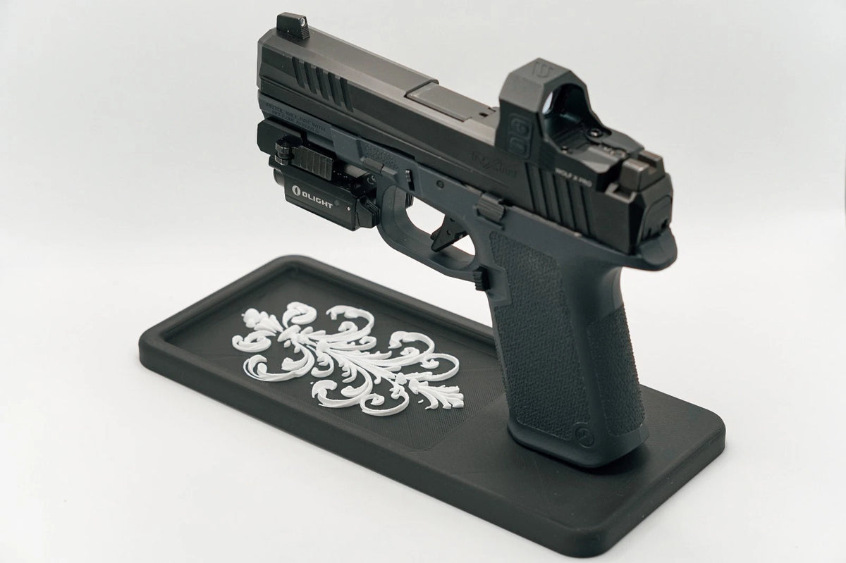 Scrollwork Glock-Style Double-Stack Pistol Display Stand & Tray – alternate view