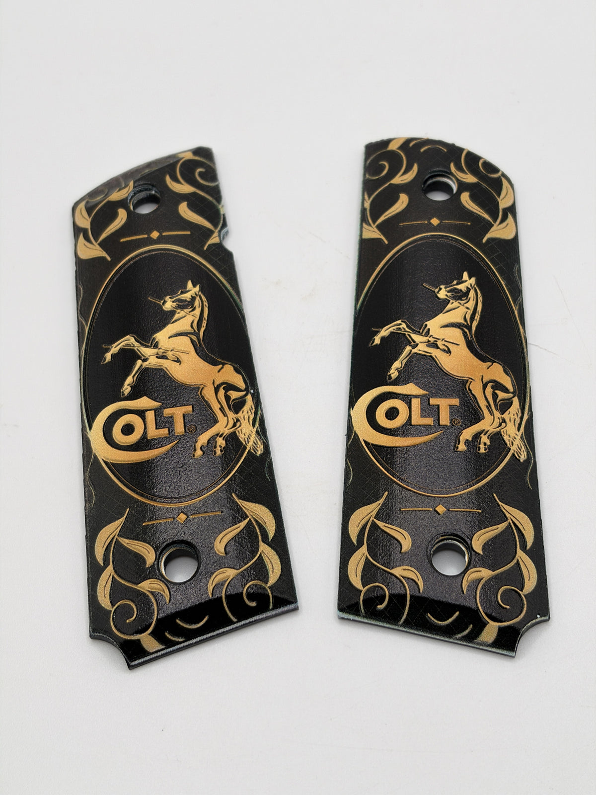 Colt logo black and gold scroll full size ambi-cut polymer 1911 grip pair