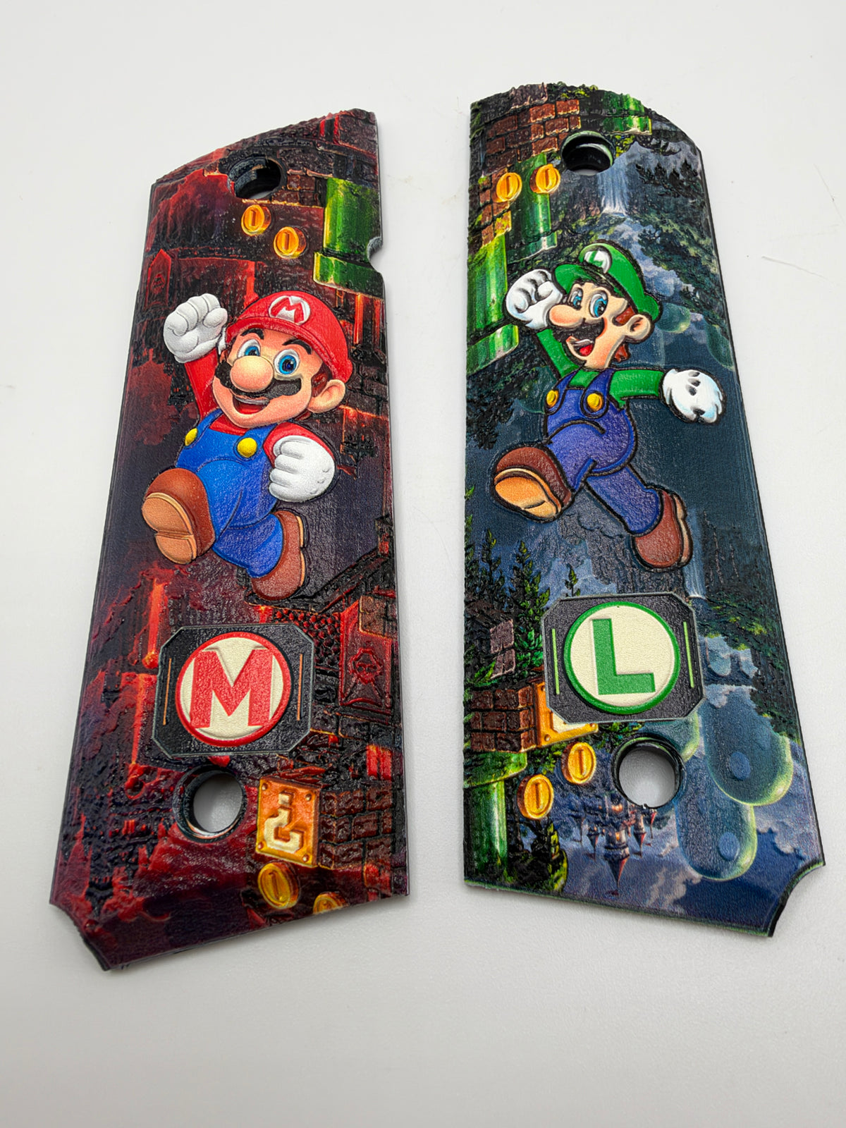 Mario and Luigi full-size 1911 ambi-cut polymer grip pair, front view