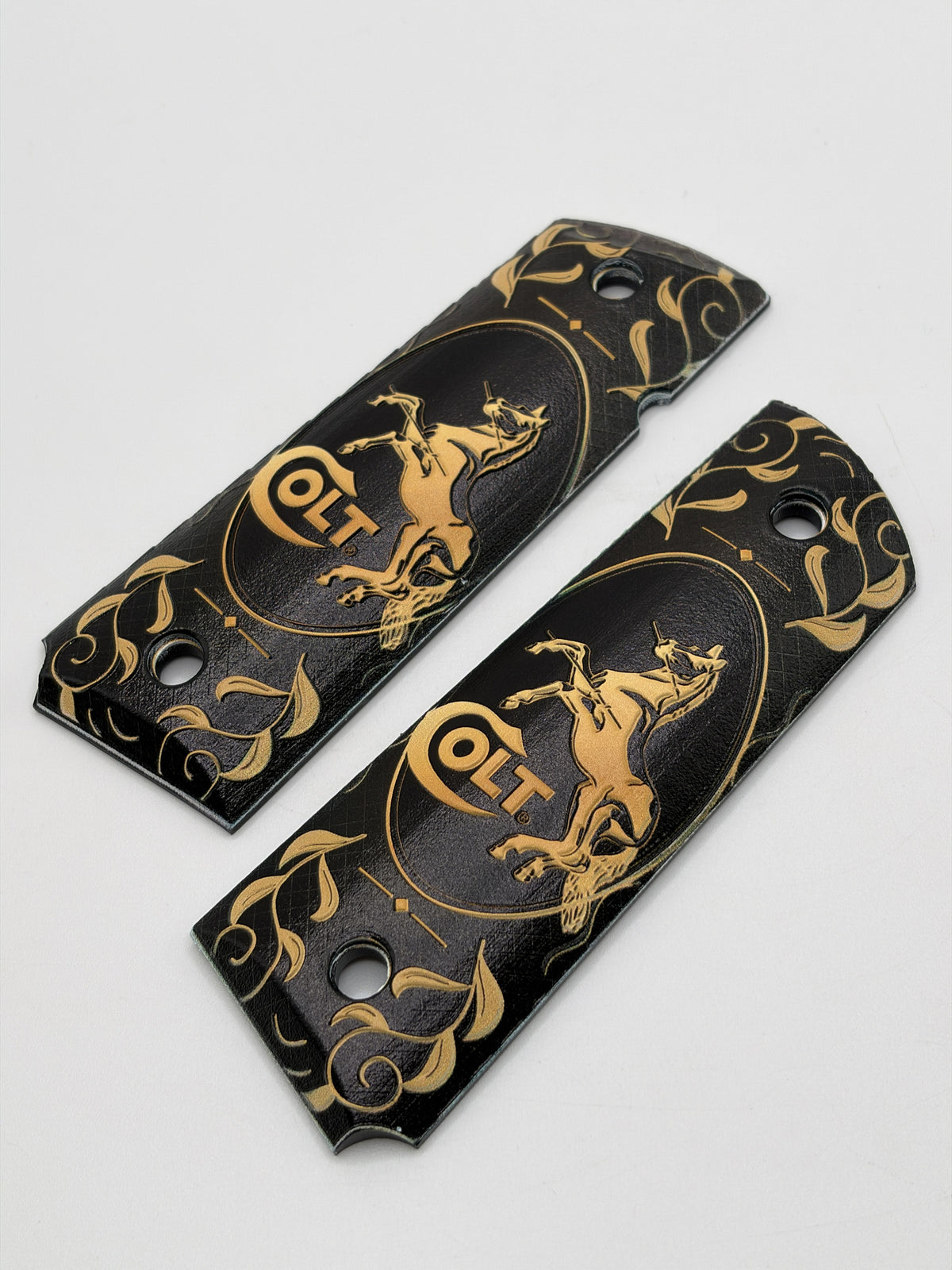 Colt logo black and gold scroll full size ambi-cut polymer 1911 grip pair