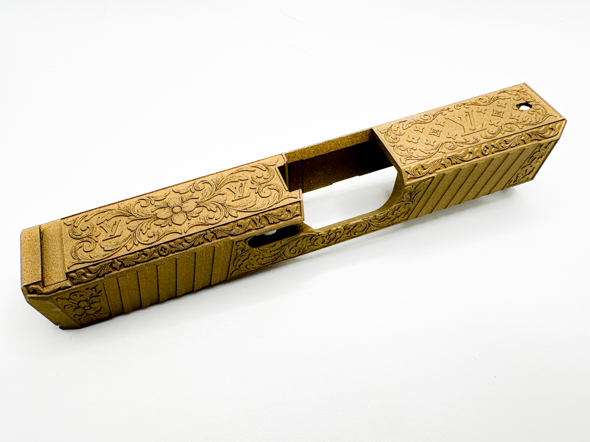 Goldilocks LV Monogram & Scroll Engraved Slide for Glock 26 Gen 1–3 – Ready to Ship