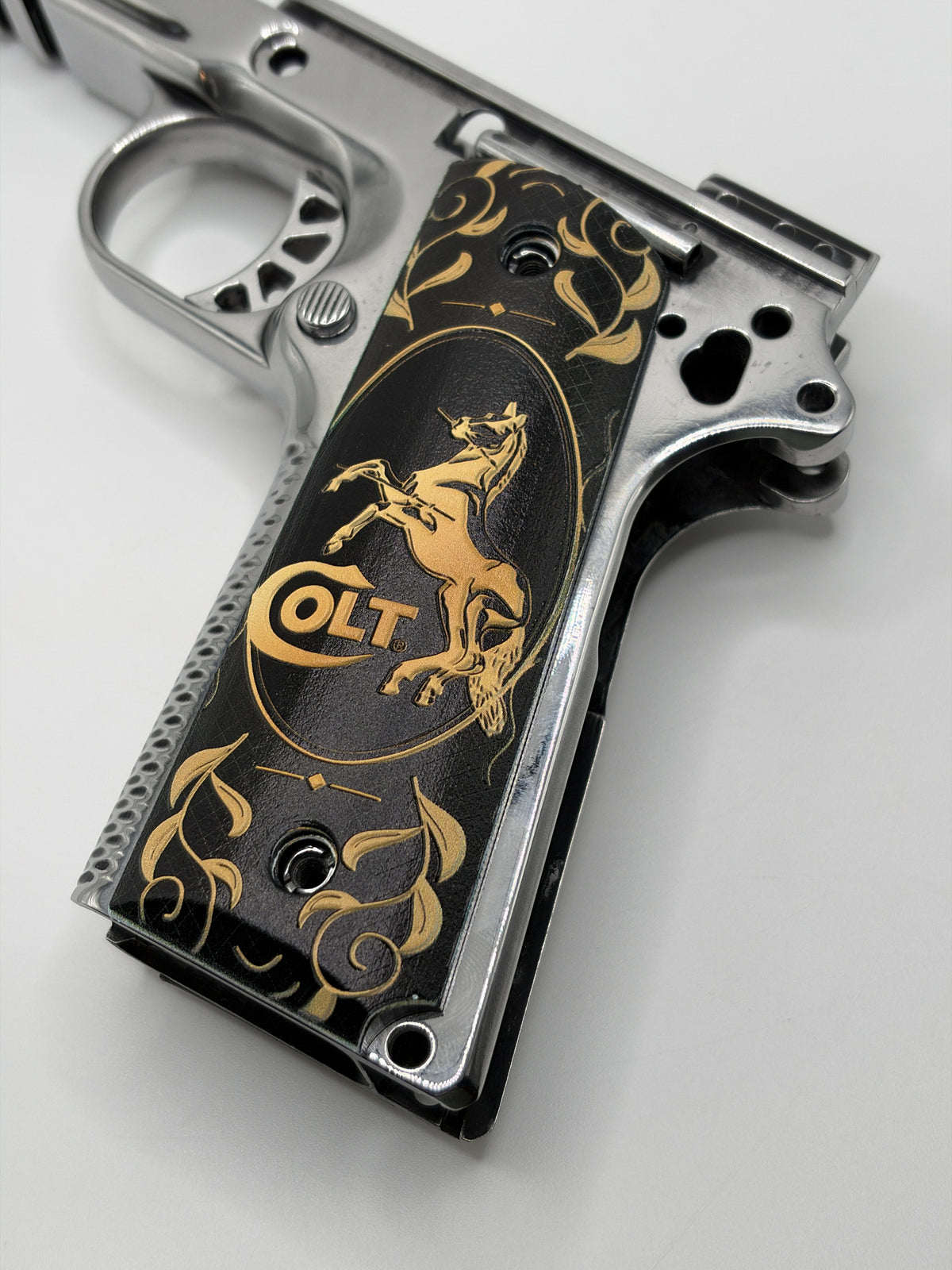Colt logo black and gold scroll full size ambi-cut polymer 1911 grip pair