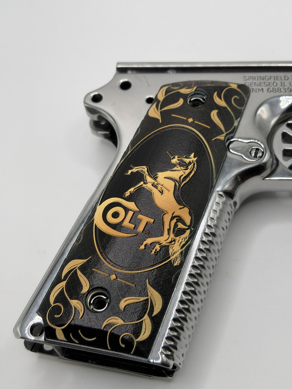 Colt logo black and gold scroll full size ambi-cut polymer 1911 grip pair