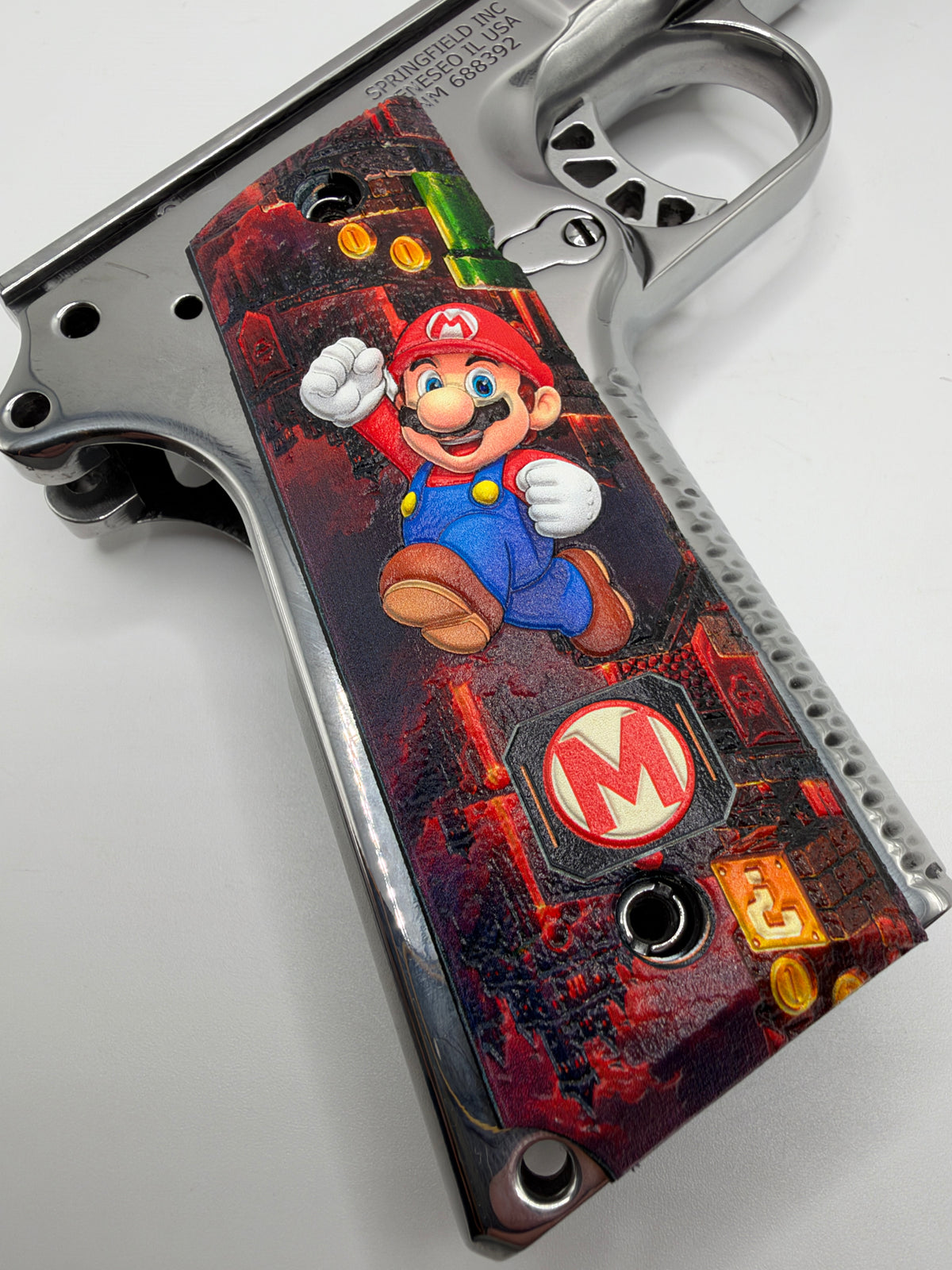 Mario grip panel shown mounted for fit and appearance reference; frame not included