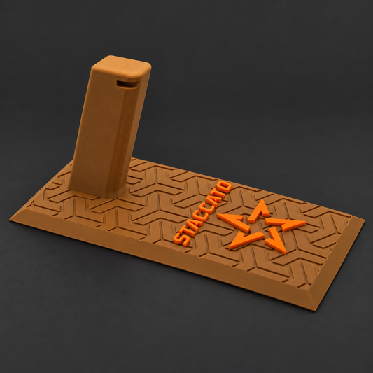 Staccato 2011 Display Stand — Coyote & Orange Geometric Base
