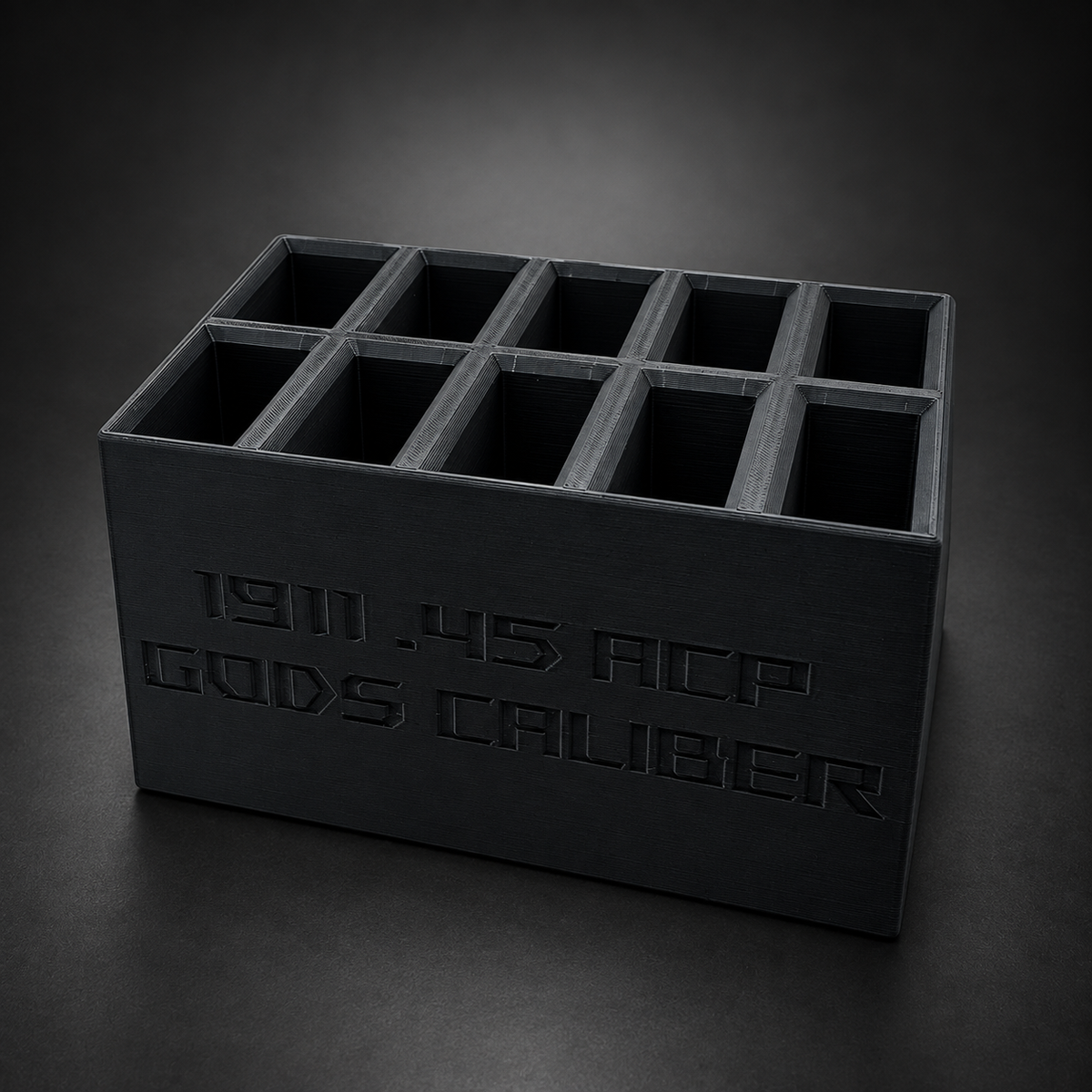 1911 .45 ACP Magazine Storage Box – 10 Slots on a charcoal background