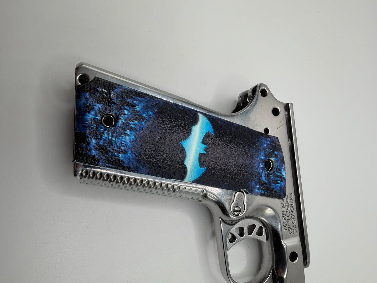 Blue Batman Logo 1911 Grips — Full Size Ambi-Cut Polymer Pair