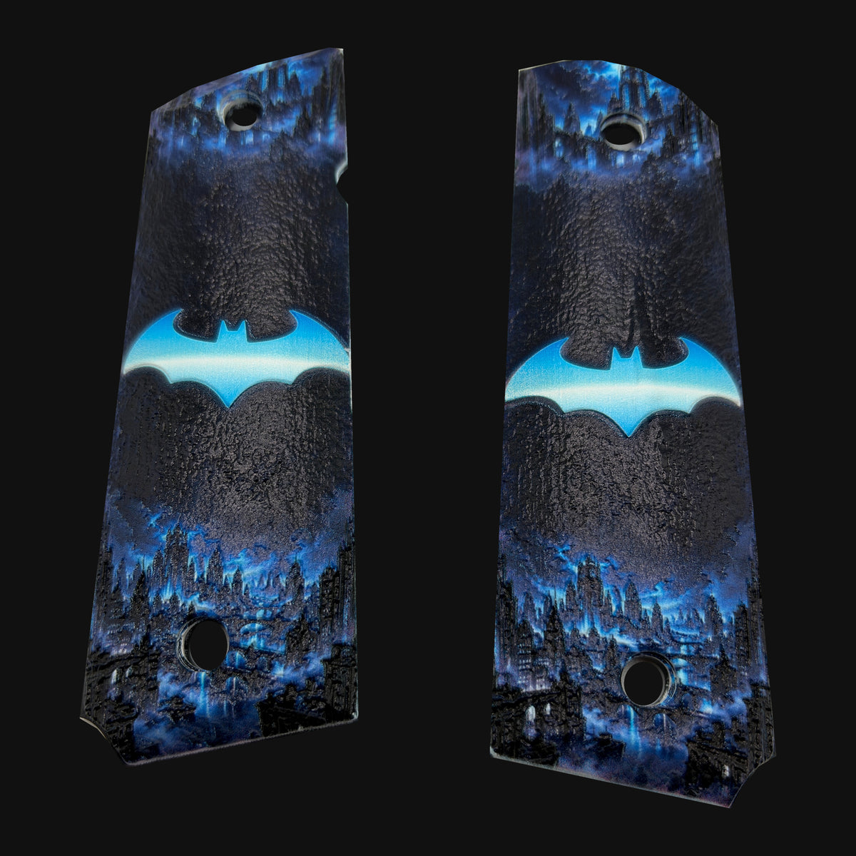 Blue Batman Logo full size ambi cut polymer 1911 grip pair on charcoal background