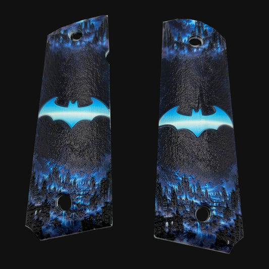 Blue Batman Logo full size ambi cut polymer 1911 grip pair on charcoal background