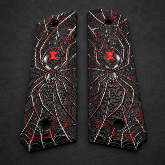 Black Widow Spider full-size 1911 ambi-cut polymer grip pair on charcoal background