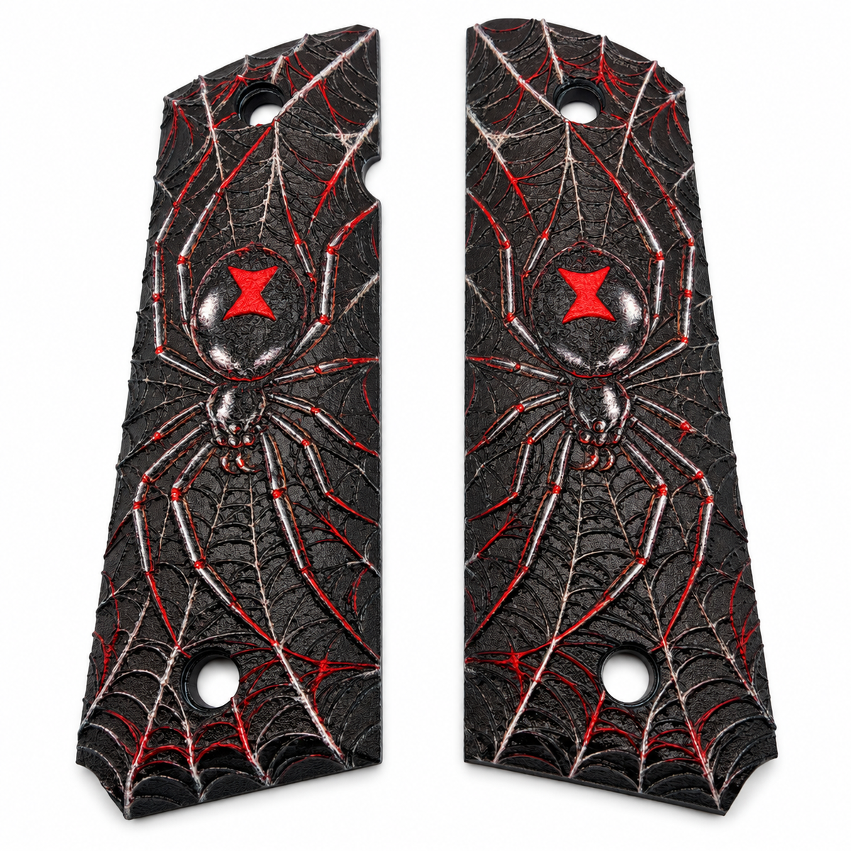 Black Widow Spider full-size 1911 ambi-cut polymer grip pair on white background