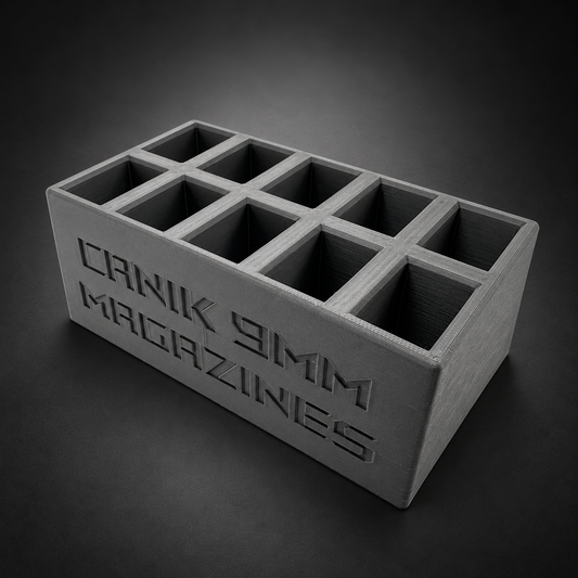Canik 9mm Magazine Storage Box – 10 Slots on a charcoal background