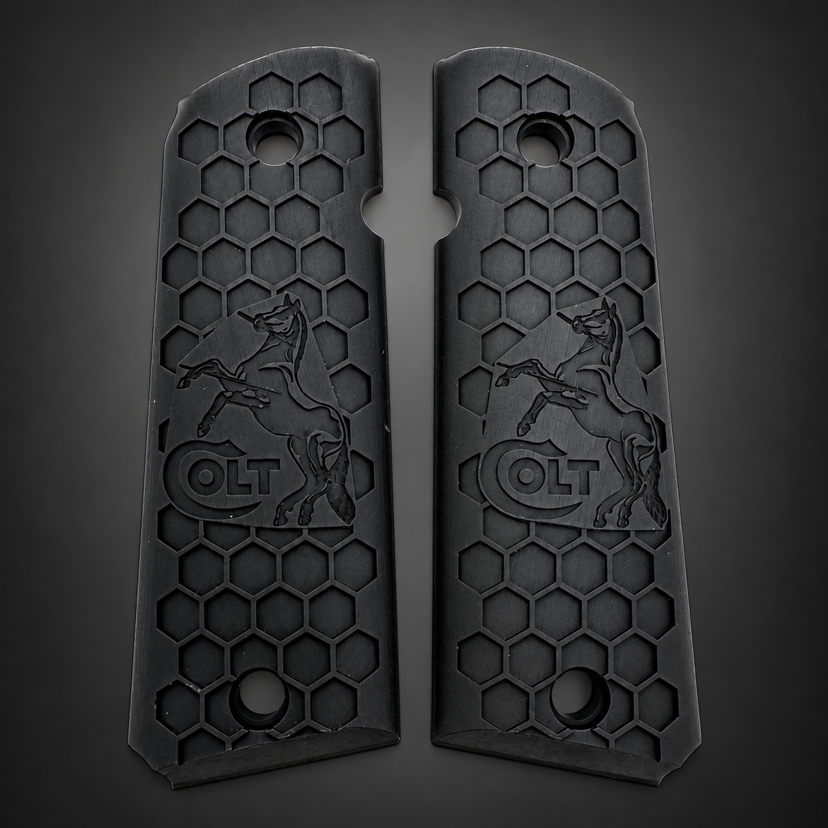 Colt Horse Logo Honeycomb 1911 Grips – Black Ambi-Cut Pair
