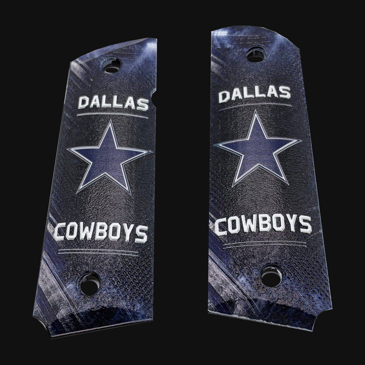 Dallas Cowboys full-size ambi-cut polymer 1911 grip pair on charcoal background