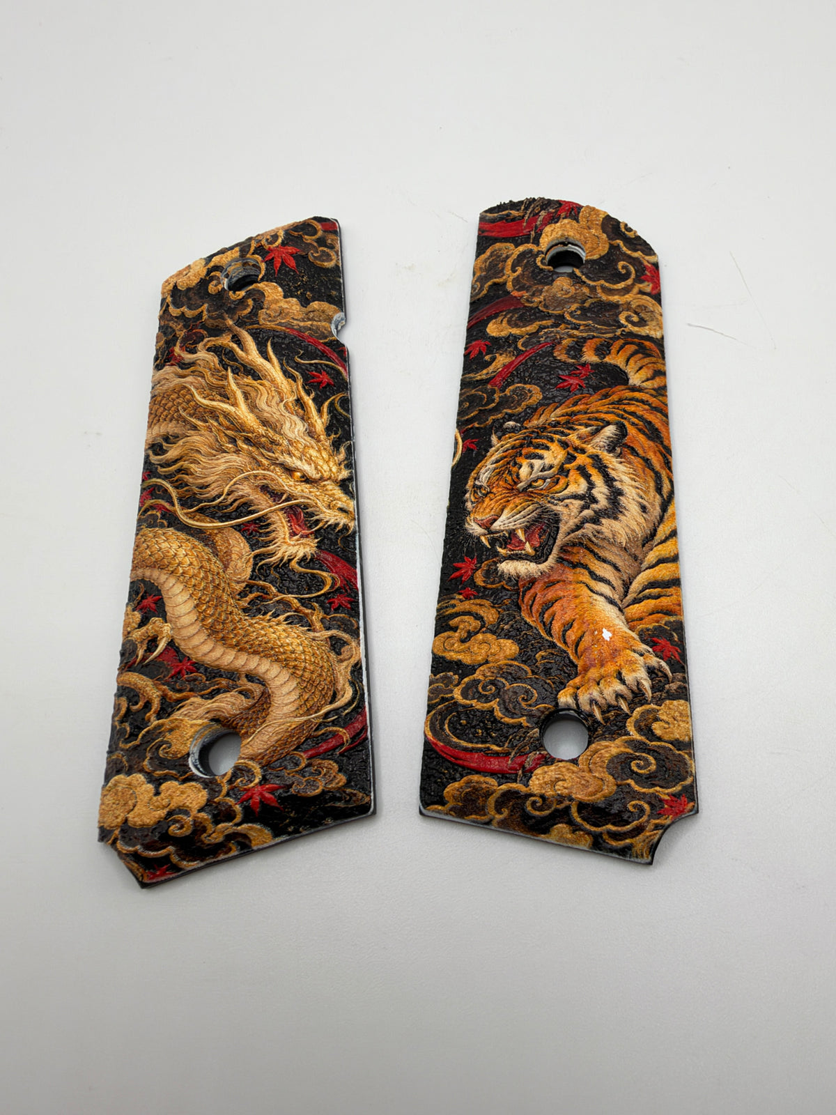 Gold Dragon & Tiger 1911 Grips — Full Size Ambi-Cut Polymer Pair