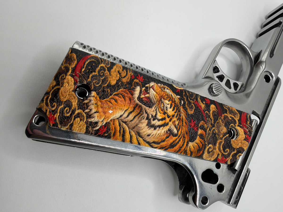 Gold Dragon & Tiger 1911 Grips — Full Size Ambi-Cut Polymer Pair