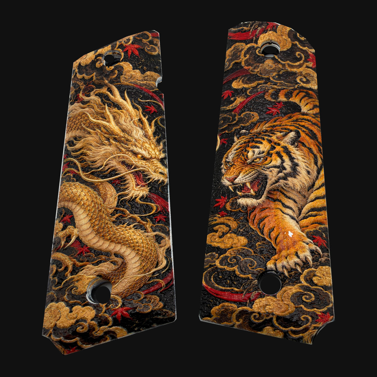 Gold Dragon & Tiger 1911 Grips — Full Size Ambi-Cut Polymer Pair