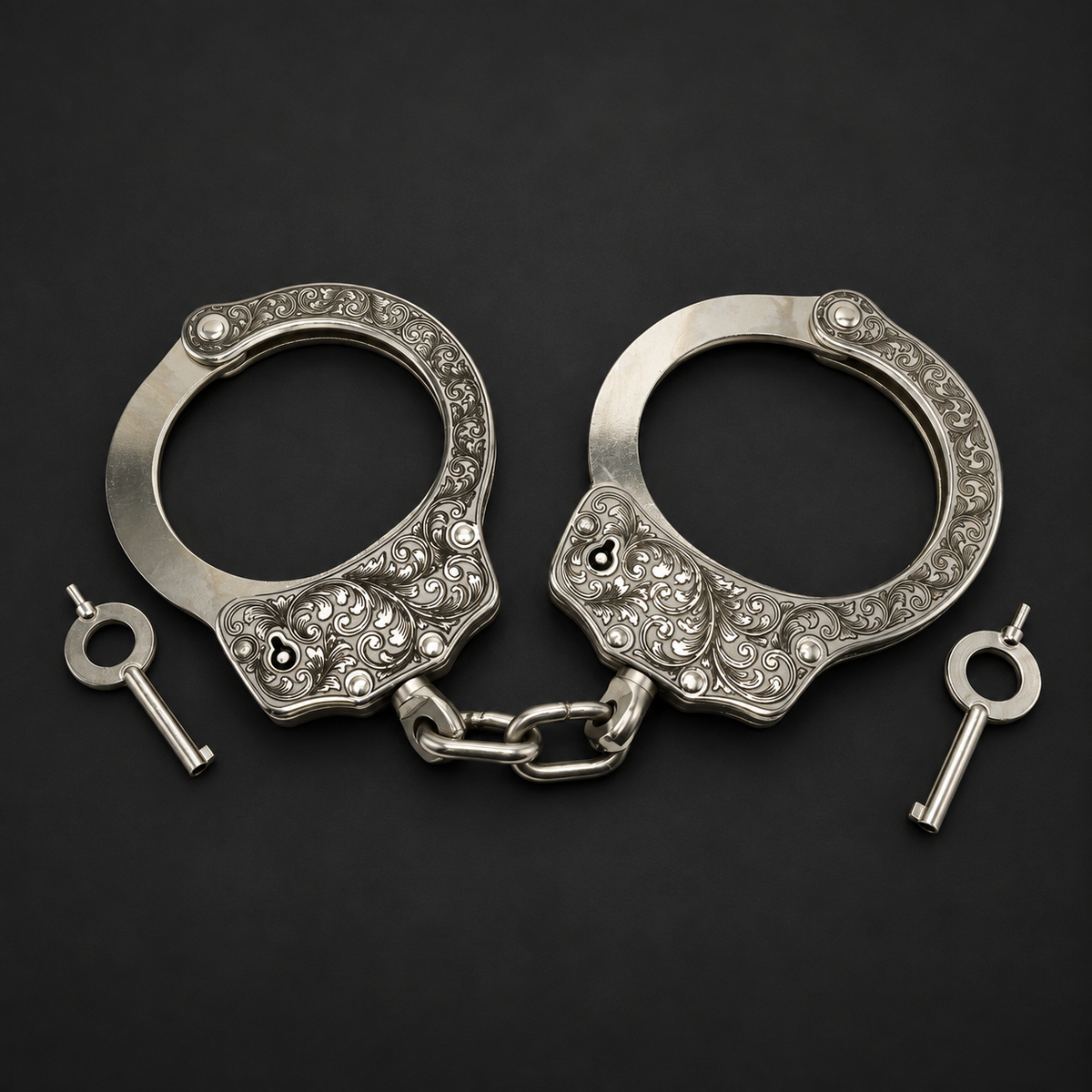 Deep scroll engraved nickel-plated stainless steel handcuffs with two keys on a charcoal background