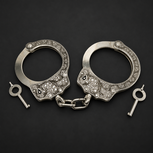 Deep scroll engraved nickel-plated stainless steel handcuffs with two keys on a charcoal background