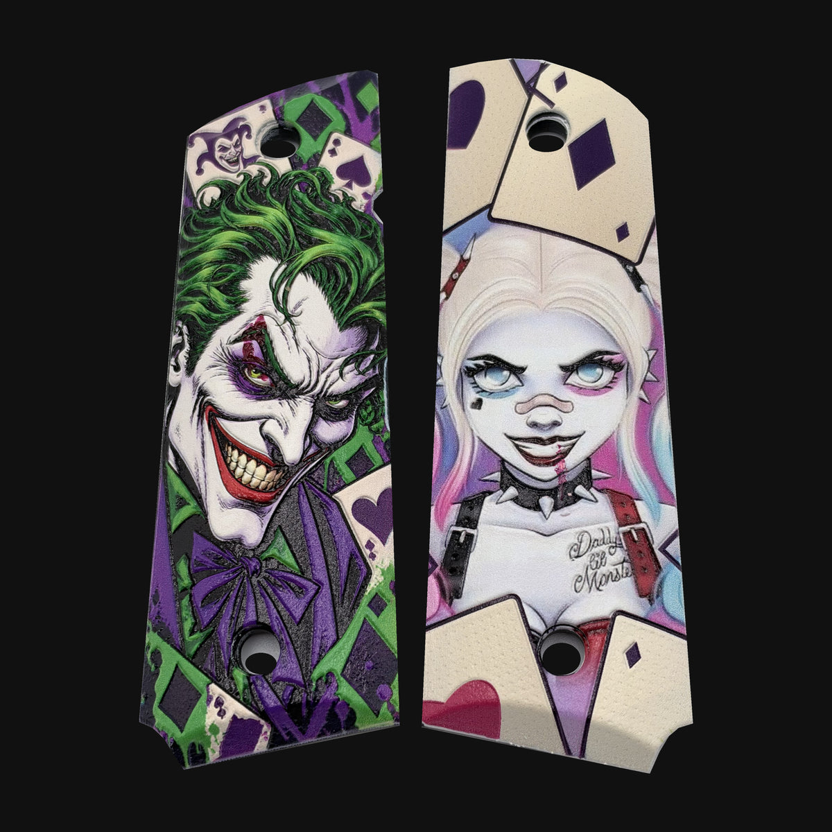 Joker & Harley Quinn full-size ambi-cut polymer 1911 grip pair on charcoal background