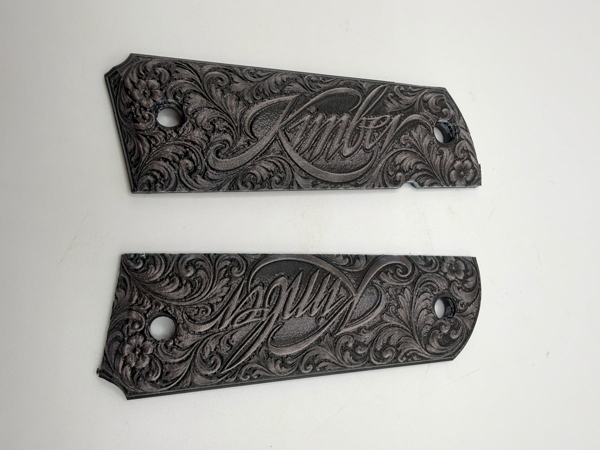 Kimber Logo Black & Gray Scrollwork 1911 Grips — Full Size Ambi-Cut Polymer Pair
