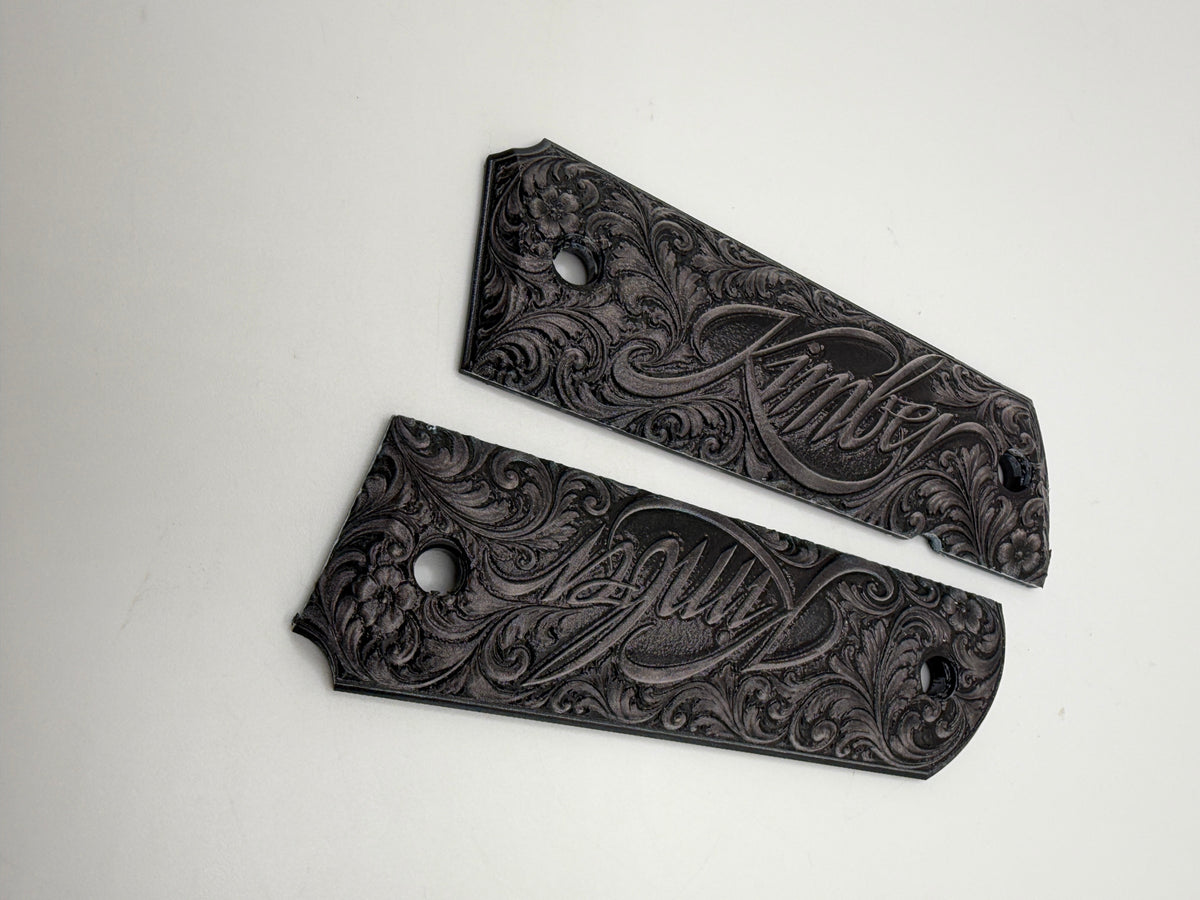 Kimber Logo Black & Gray Scrollwork 1911 Grips — Full Size Ambi-Cut Polymer Pair