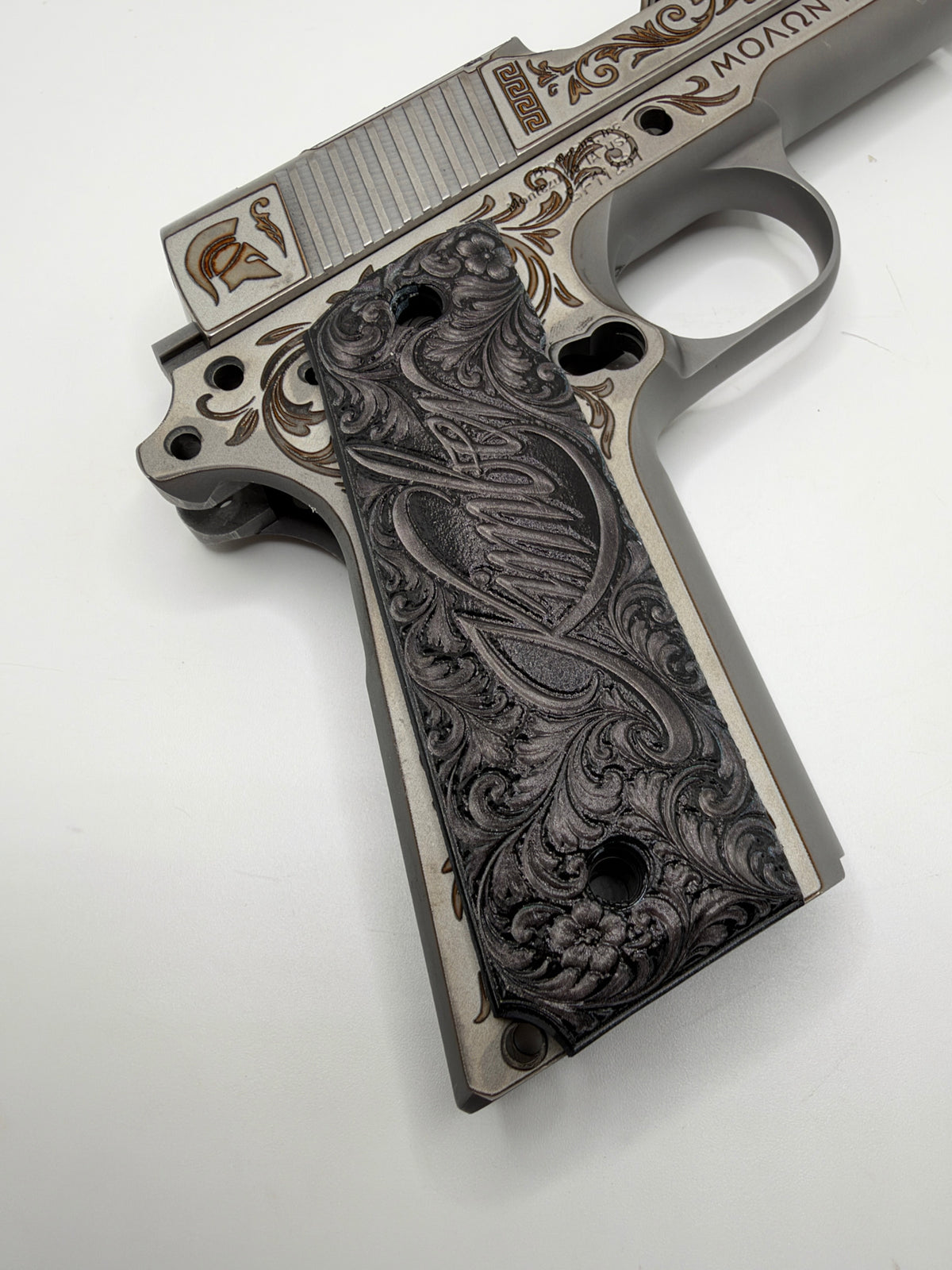 Kimber Logo Black & Gray Scrollwork 1911 Grips — Full Size Ambi-Cut Polymer Pair