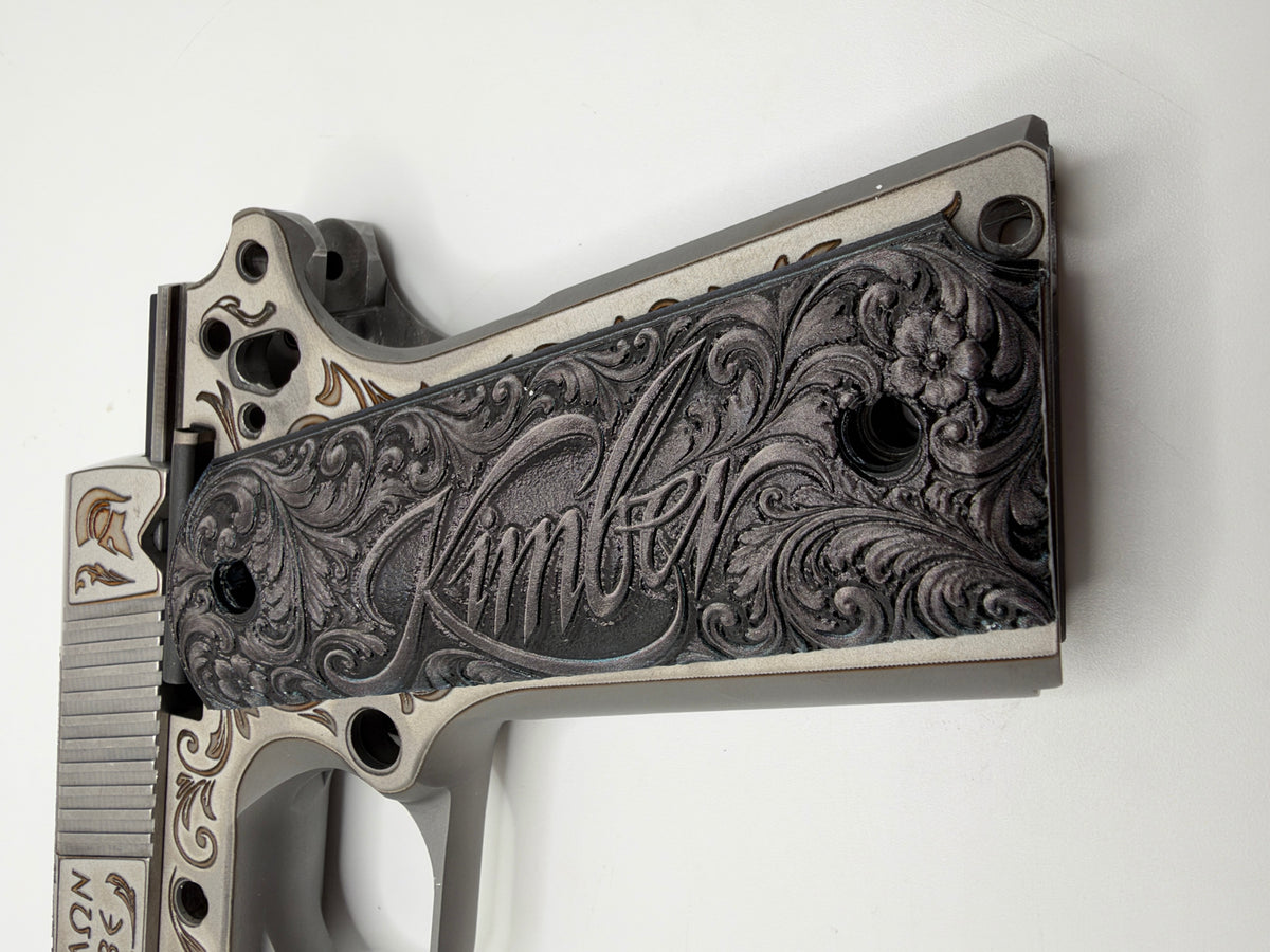 Kimber Logo Black & Gray Scrollwork 1911 Grips — Full Size Ambi-Cut Polymer Pair