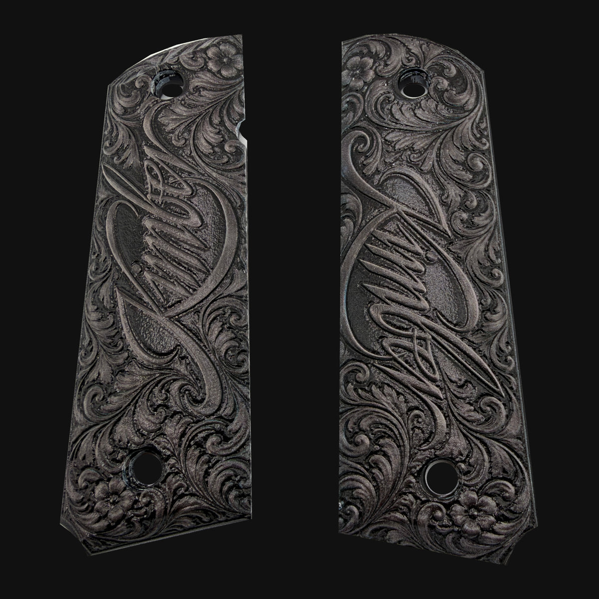 Kimber Logo Black & Gray Scrollwork 1911 Grips — Full Size Ambi-Cut Polymer Pair
