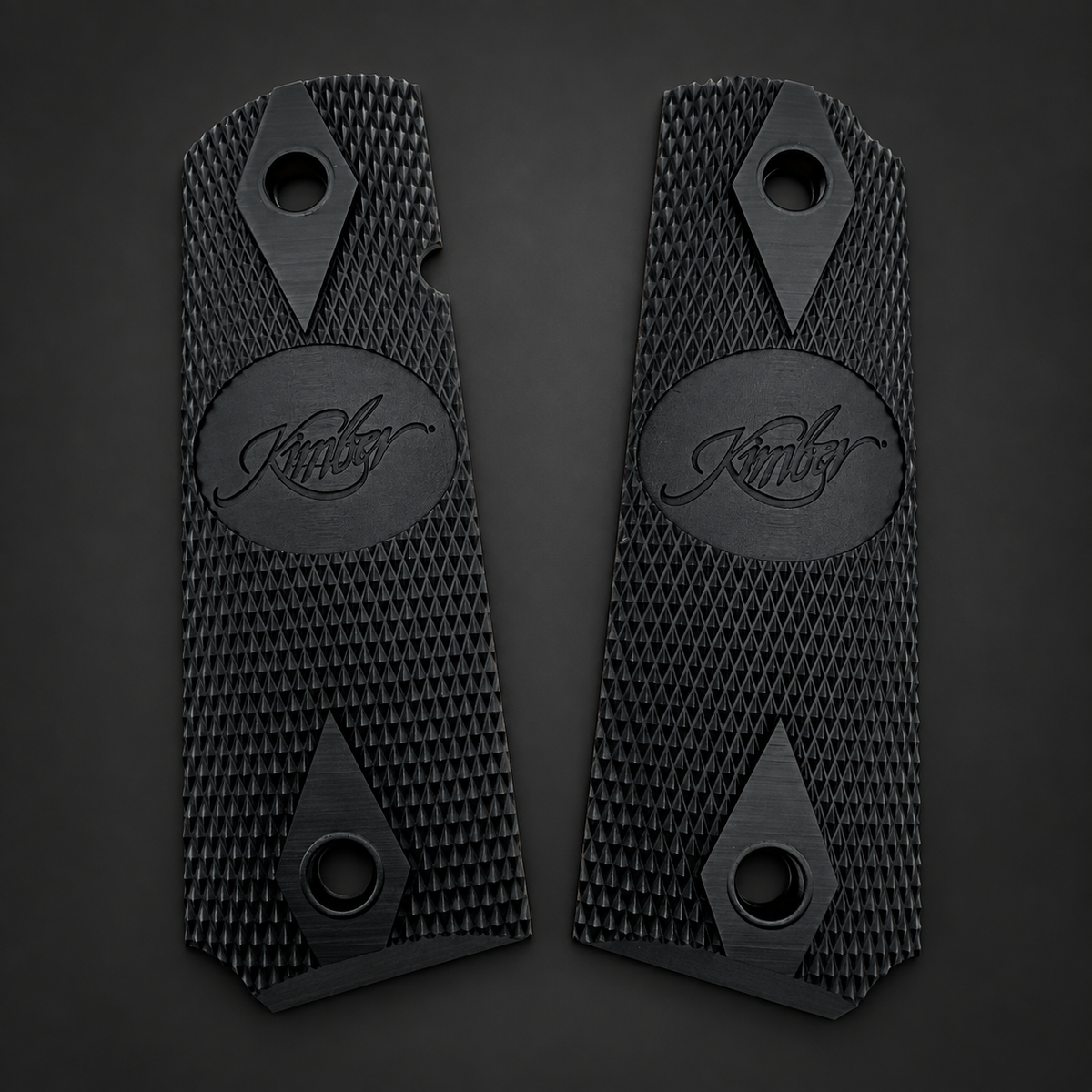 Black checkered Kimber logo 1911 grip pair by VWcustomworks on a charcoal background