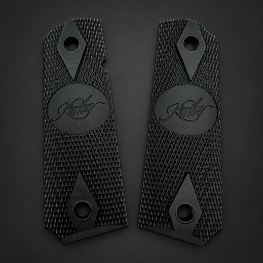 Black checkered Kimber logo 1911 grip pair by VWcustomworks on a charcoal background