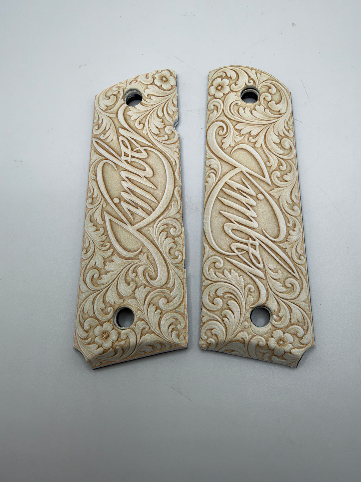 Kimber Logo Cream Floral Scrollwork 1911 Grips — Full Size Ambi-Cut Polymer Pair