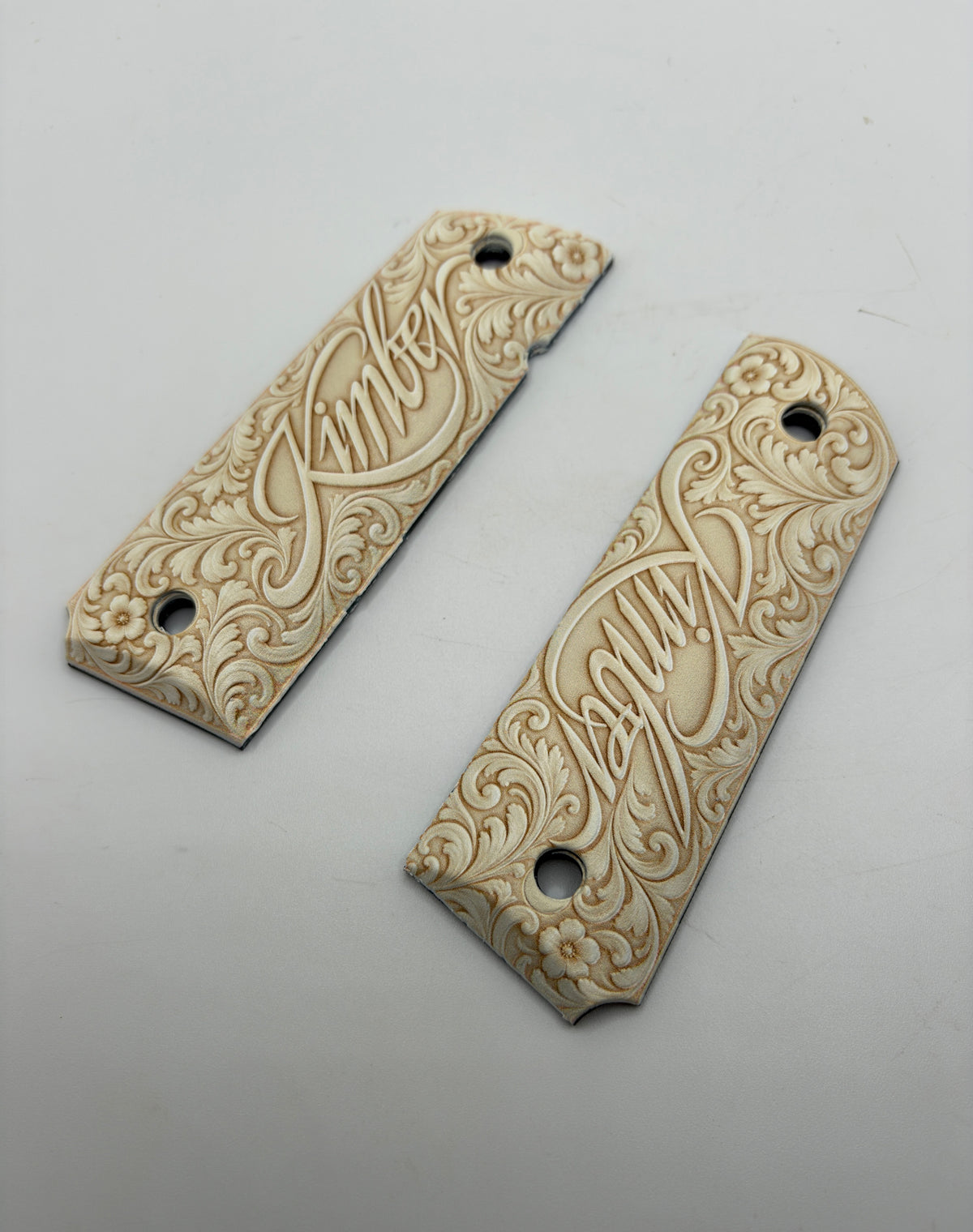 Kimber Logo Cream Floral Scrollwork 1911 Grips — Full Size Ambi-Cut Polymer Pair
