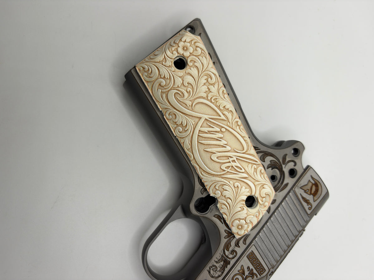Kimber Logo Cream Floral Scrollwork 1911 Grips — Full Size Ambi-Cut Polymer Pair