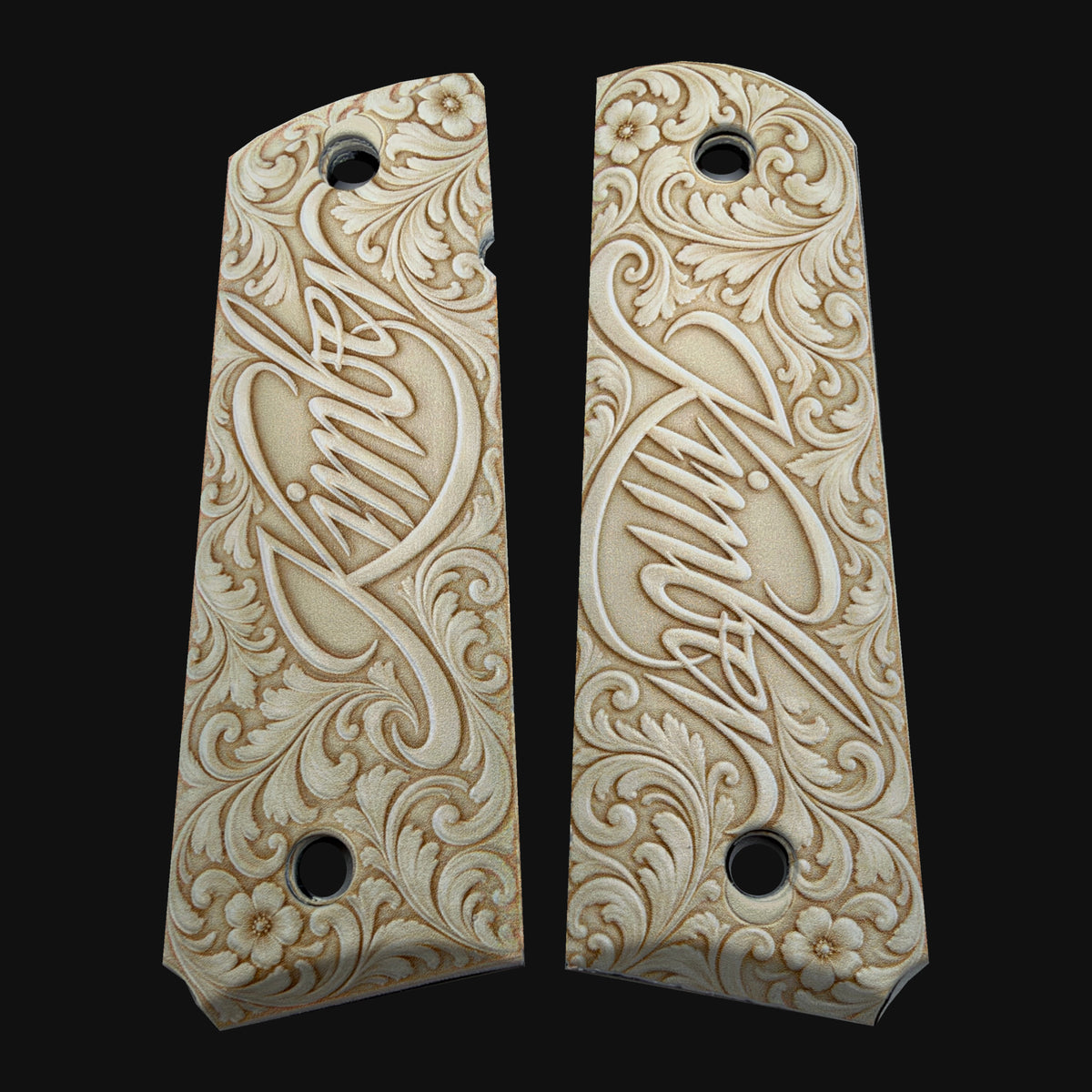 Kimber Logo Cream Floral Scrollwork 1911 Grips — Full Size Ambi-Cut Polymer Pair