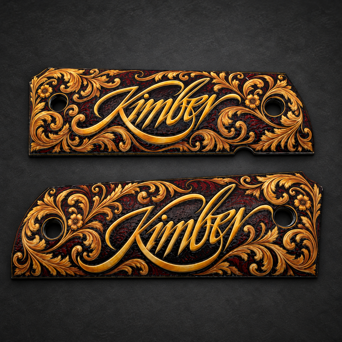 Kimber Logo Gold Scrollwork full-size 1911 ambi-cut polymer grip pair on charcoal background