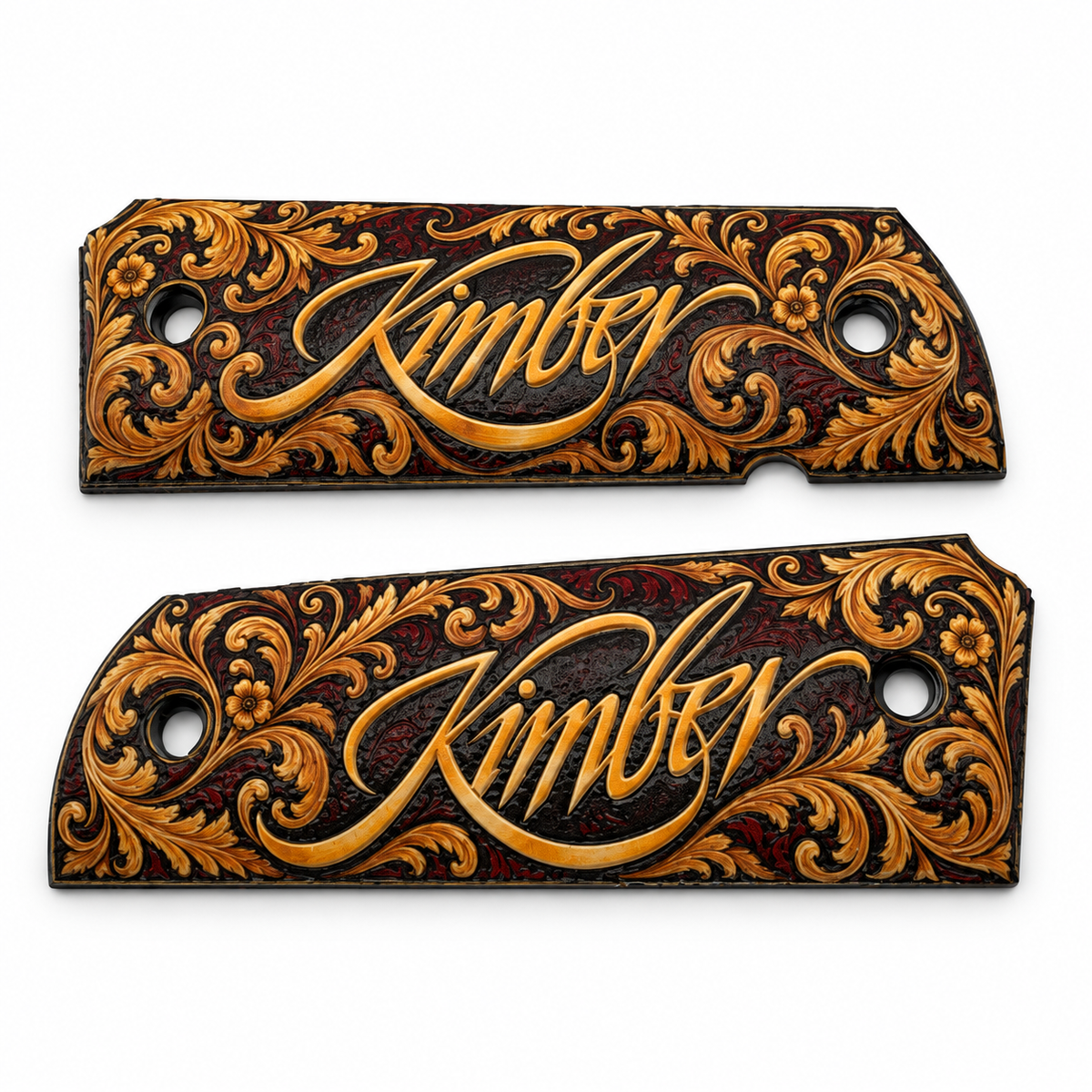 Kimber Logo Gold Scrollwork full-size 1911 ambi-cut polymer grip pair on white background