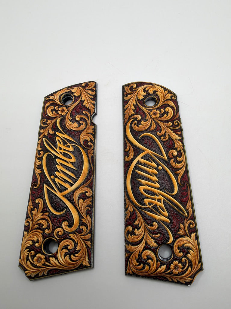 Kimber Logo Gold Scrollwork full-size 1911 ambi-cut polymer grip panels — original photograph 1