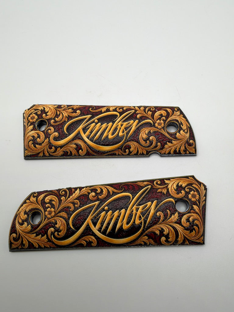 Kimber Logo Gold Scrollwork full-size 1911 ambi-cut polymer grip panels — original photograph 2