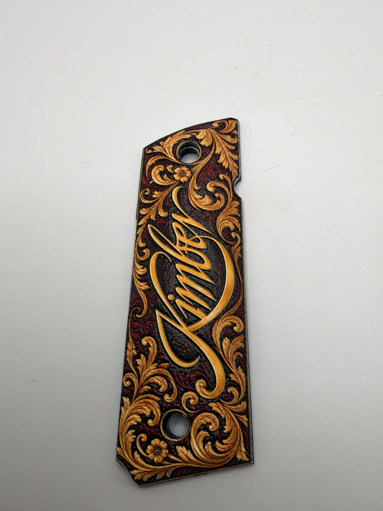 Kimber Logo Gold Scrollwork full-size 1911 ambi-cut polymer grip panels — original photograph 3
