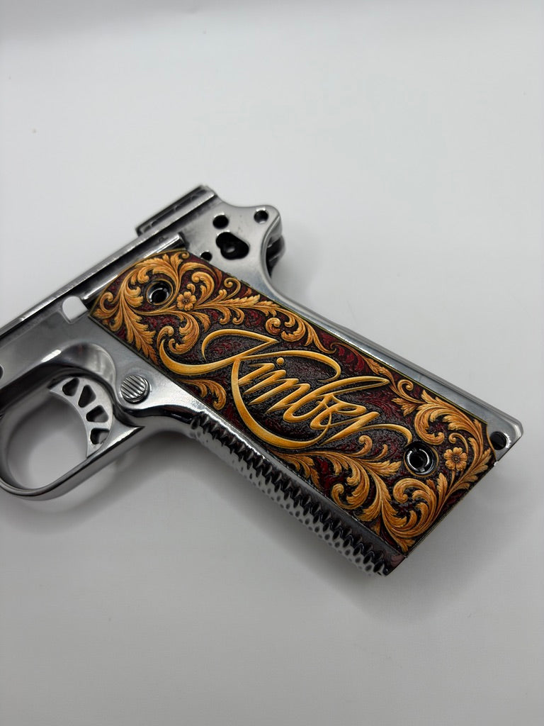 Kimber Logo Gold Scrollwork full-size 1911 ambi-cut polymer grip panels — original photograph 4