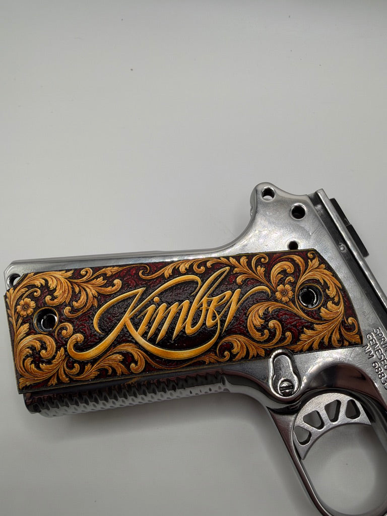 Kimber Logo Gold Scrollwork full-size 1911 ambi-cut polymer grip panels — original photograph 5