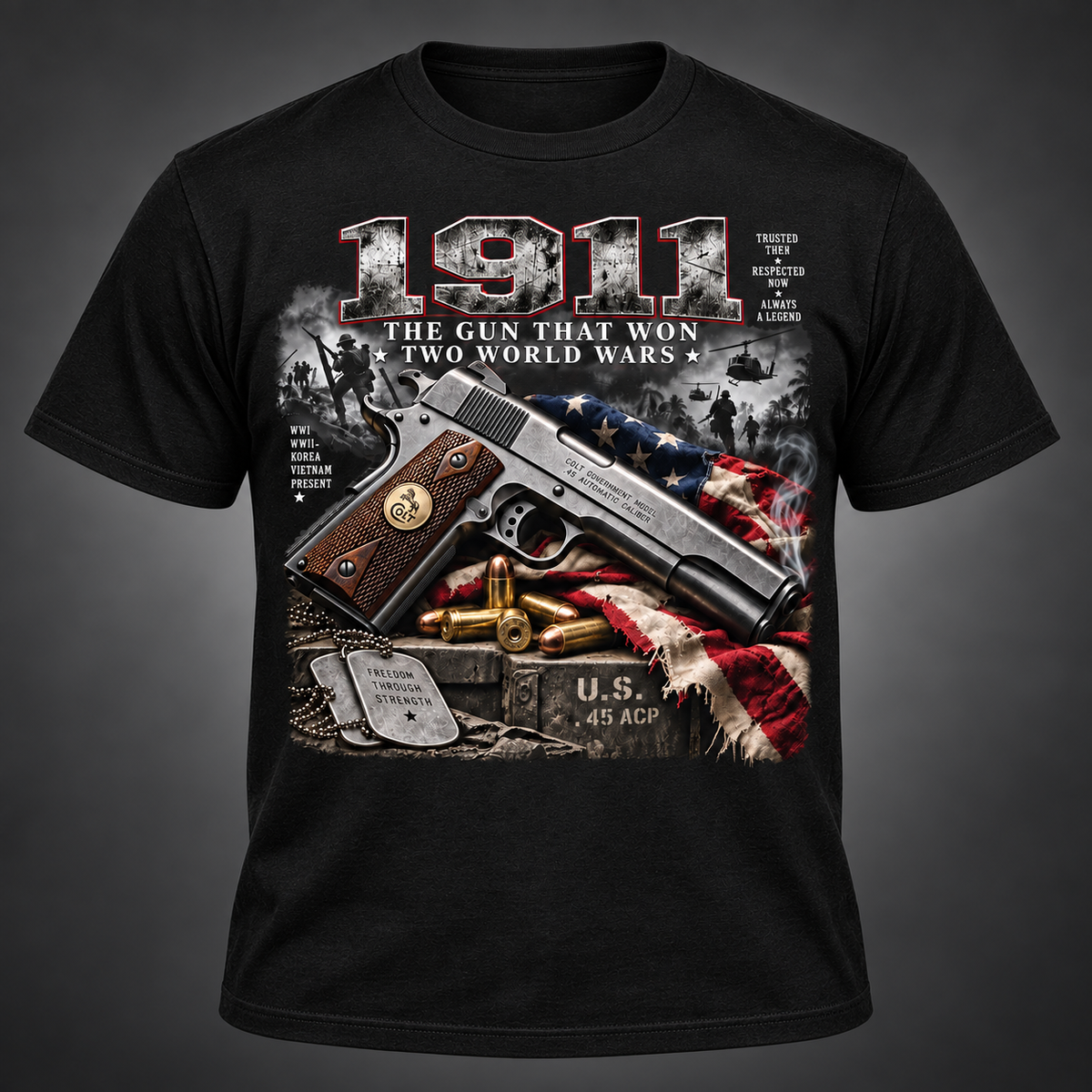 Black 1911 Two World Wars cotton T-shirt with centered patriotic front graphic on a charcoal studio background