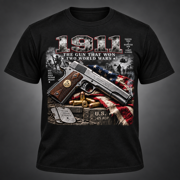 Black 1911 Two World Wars cotton T-shirt with centered patriotic front graphic on a charcoal studio background