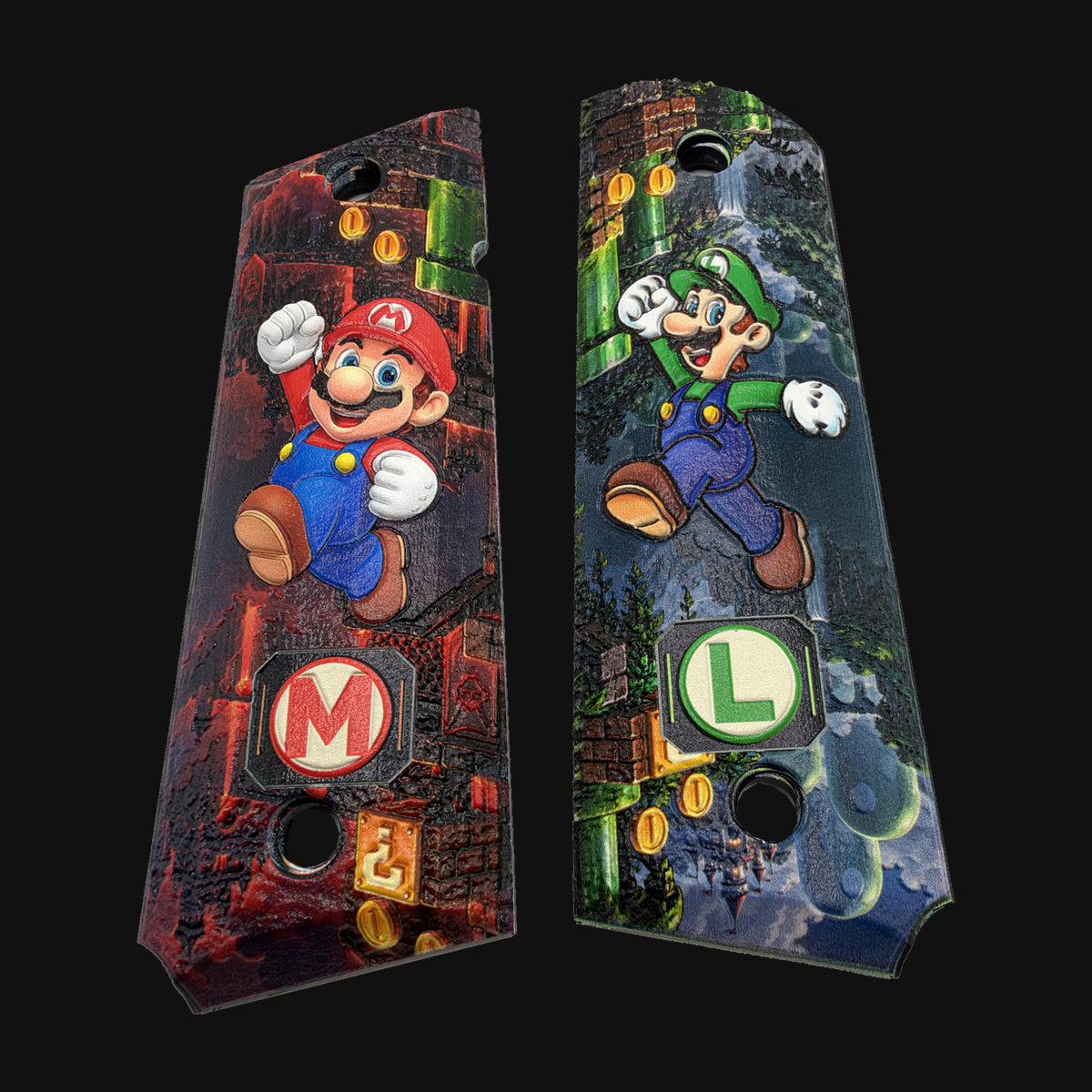 Mario and Luigi full-size ambi-cut polymer 1911 grip pair on charcoal background