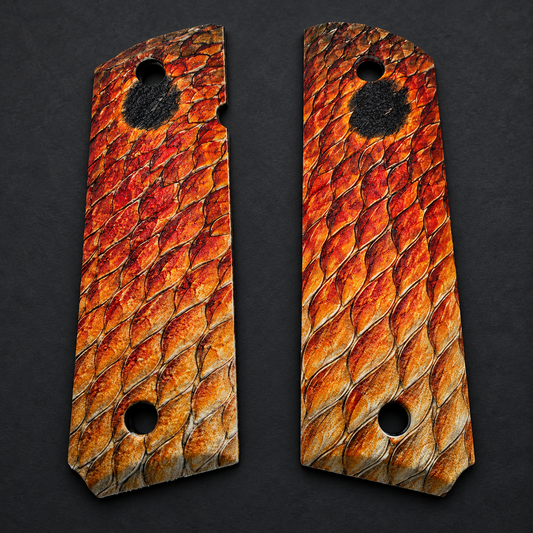 Redfish Scales full-size 1911 ambi-cut polymer grip pair on charcoal background