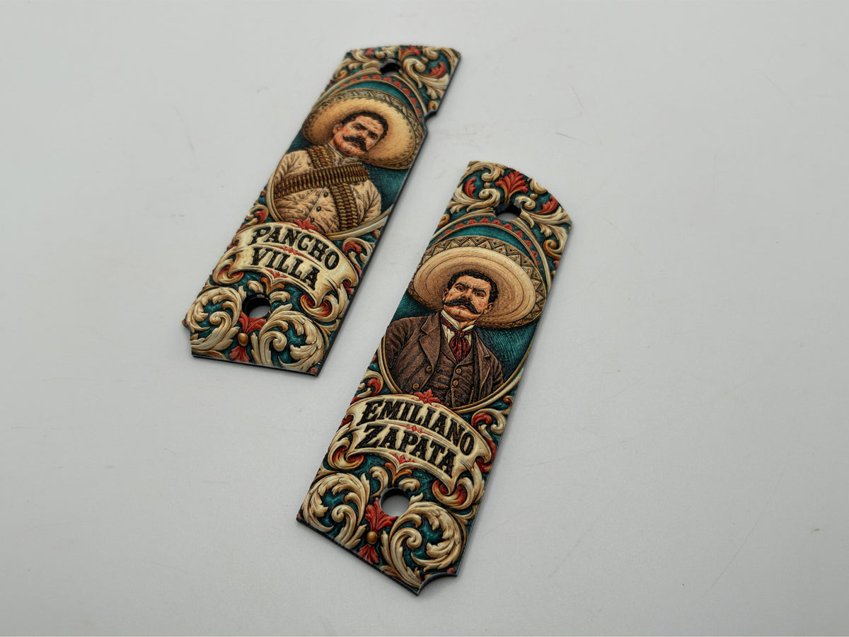 Angled view of Pancho Villa and Emiliano Zapata grip pair